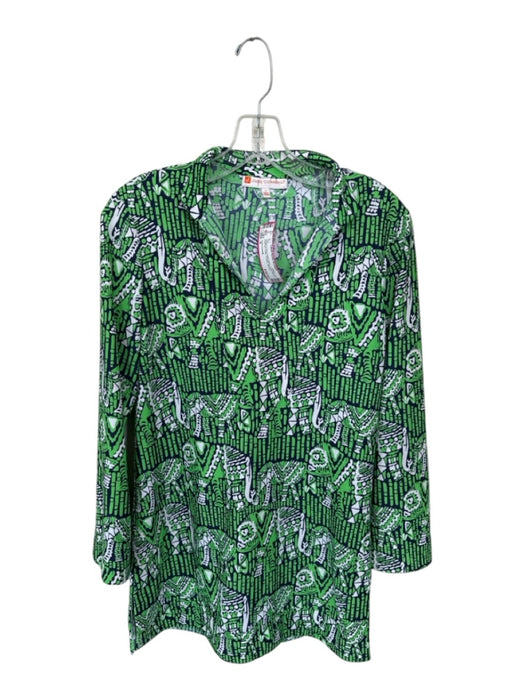 Jude Connally Size S Green & Navy Nylon Blend Long Sleeve Elephant Collar Top Green & Navy / S