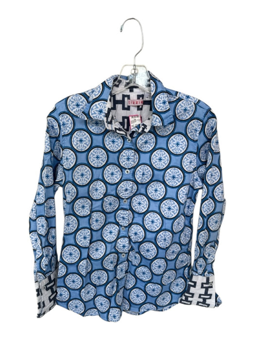 Tizzie Size M Blue & White Cotton Blend Button Up Mosaic Long Sleeve Top Blue & White / M