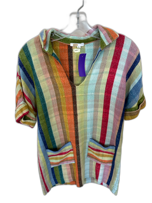 Warm Size 0 Multi Cotton Short Cuff Sleeve Striped Collar V Neck Dress Multi / 0