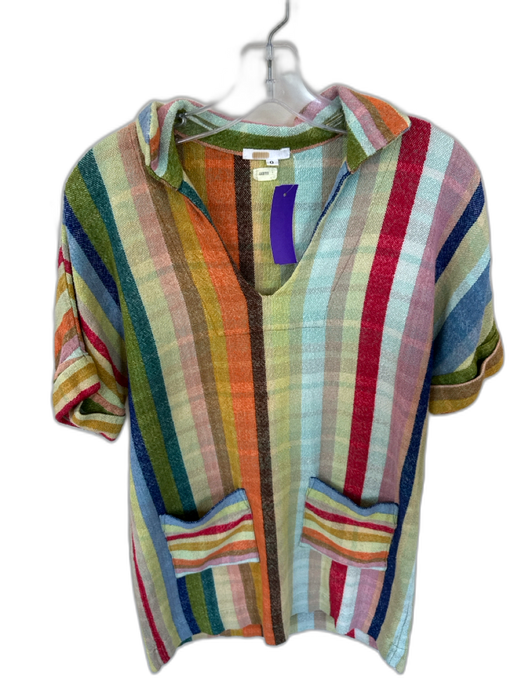 Warm Size 0 Multi Cotton Short Cuff Sleeve Striped Collar V Neck Dress Multi / 0