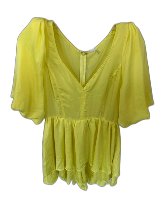 Glam Size M Yellow Polyester Short Balloon Sleeve Shoulder Pads V Neck Dress Yellow / M
