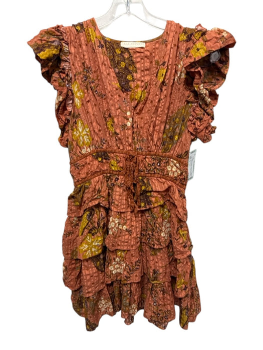 Ulla Johnson Size 2 Orange & Brown Cotton Blend Floral Ruffle Cap Sleeve Dress Orange & Brown / 2