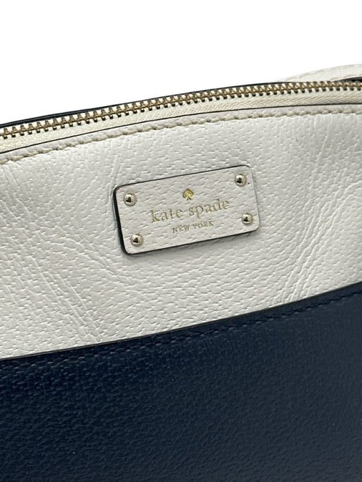 Kate Spade White & Navy Blue Leather Zip Top Color Block Adjustable Strap Bag White & Navy Blue