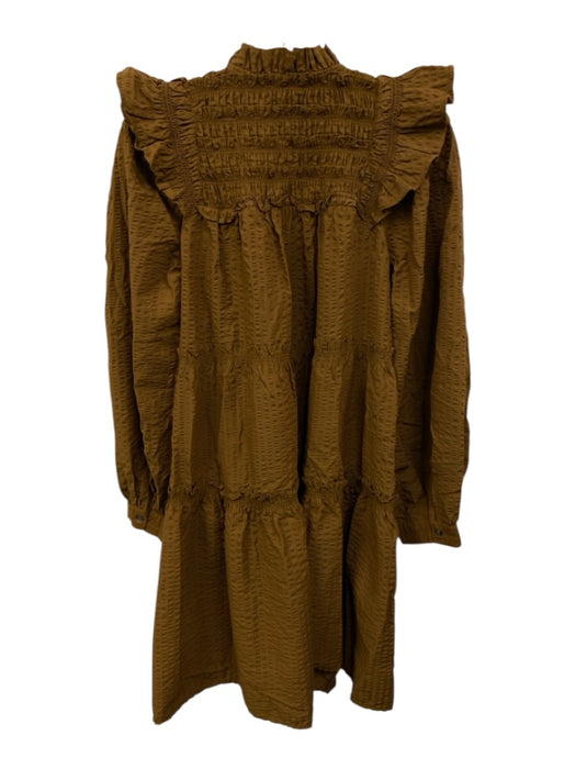 Sea New York Size XS Brown Polyester Blend Shirred Button Down Ruffle Trim Dress Brown / XS