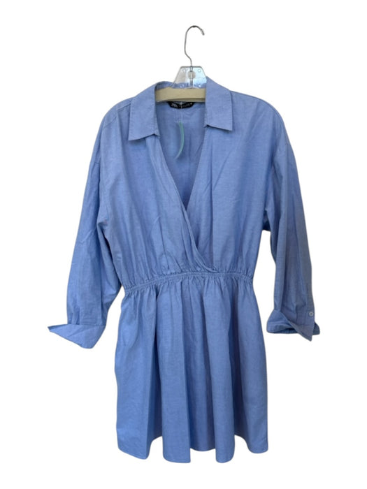 Zara Size L Blue Cotton Long Sleeve V Neck Collar Waistband Dress Blue / L
