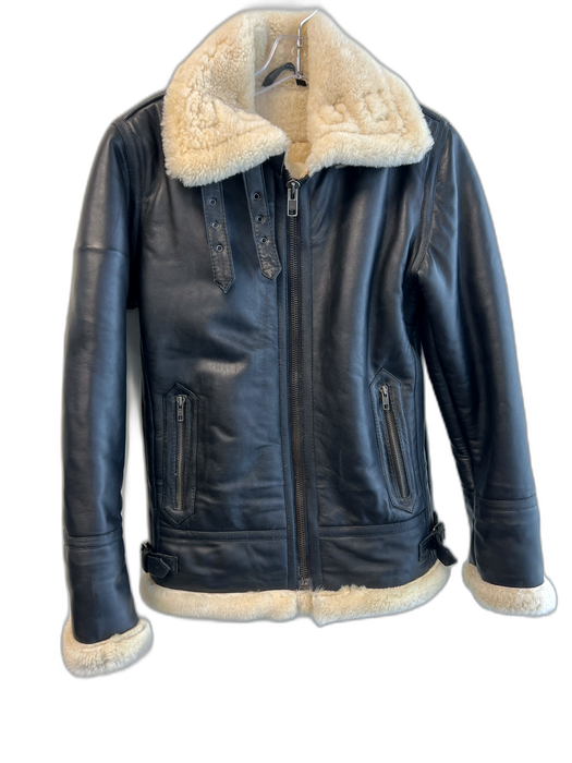 No label Size Est 0 Black Leather Faux Fur Lining Buckle Detail Coat Black / Est 0