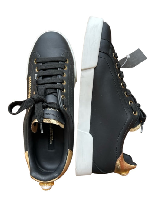 Dolce & Gabbana Shoe Size 39.5 Black & Yellow Leather Pearl Lace Up Sneakers Black & Yellow / 39.5