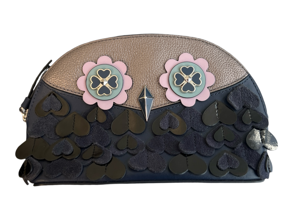 Kate Spade Navy Polyurethane Zip Close Owl Heart Detail Pouch Bag Navy / S