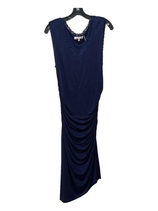 Loveshackfancy Size XL Navy Blue Rayon V Neck Lace Trim Ruched Sides Midi Dress Navy Blue / XL