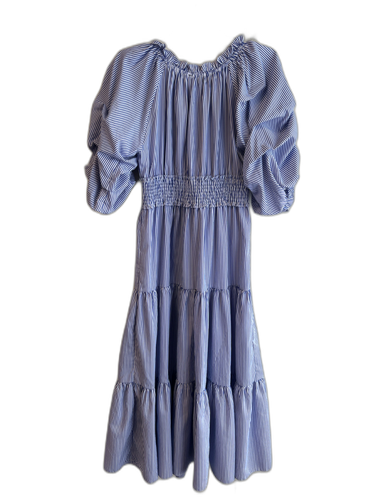 Gracia Size Medium Blue & White Polyester Striped Half Ruched Sleeve Maxi Dress Blue & White / Medium