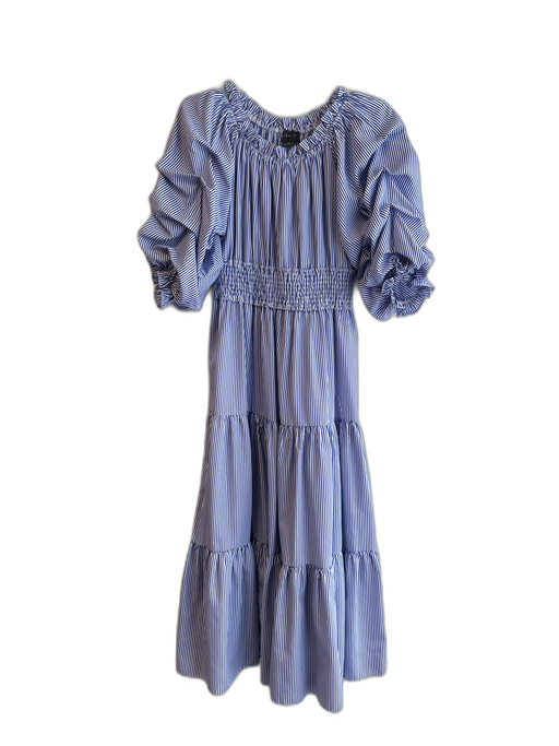 Gracia Size Medium Blue & White Polyester Striped Half Ruched Sleeve Maxi Dress Blue & White / Medium