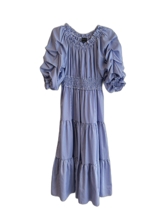 Gracia Size Medium Blue & White Polyester Striped Half Ruched Sleeve Maxi Dress Blue & White / Medium
