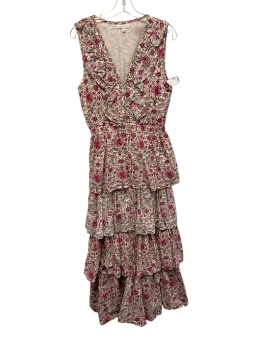 Anna Cate Size M Cream, Pink & Taupe Cotton Sleeveless V Neck Ruffle Dress Cream, Pink & Taupe / M