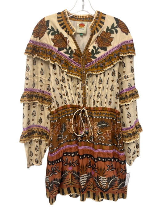 Farm Rio Size M Beige, Brown & Purple Cotton Long Balloon Sleeve Dress Beige, Brown & Purple / M