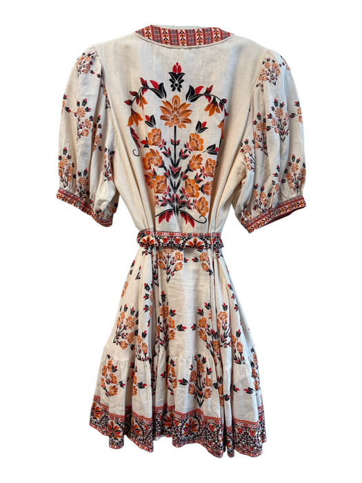 A Loves A Size L Orange Linen Blend Button Down Floral Short Puff Sleeve Dress Orange / L