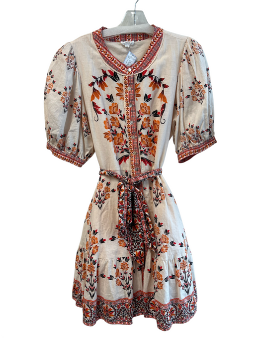 A Loves A Size L Orange Linen Blend Button Down Floral Short Puff Sleeve Dress Orange / L