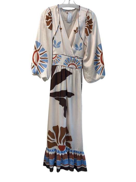 Ciebon Size XS Cream Polyester Satin Floral V Neck Wrap Dress Cream / XS
