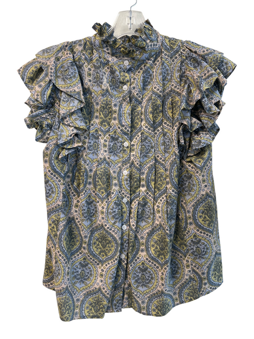 Victoria Dunn Size Est L Green 100% Cotton Pleated Paisley High Ruffle Neck Top Green / Est L