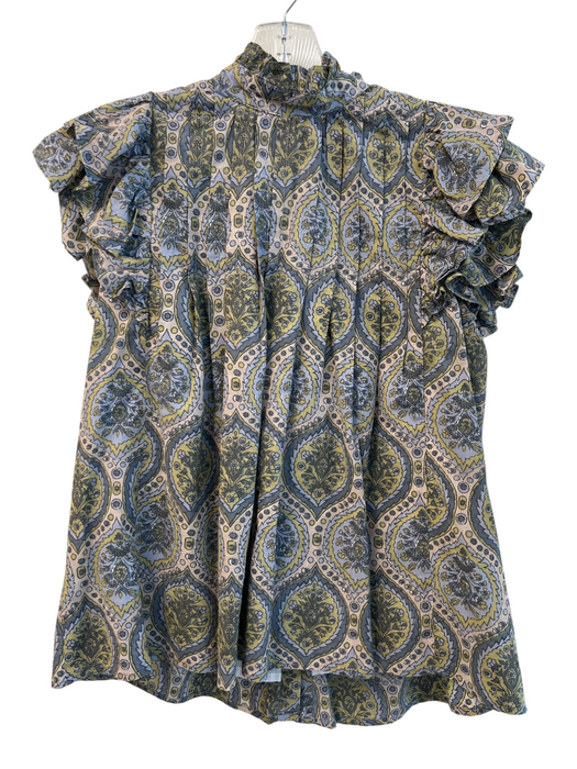 Victoria Dunn Size Est L Green 100% Cotton Pleated Paisley High Ruffle Neck Top Green / Est L