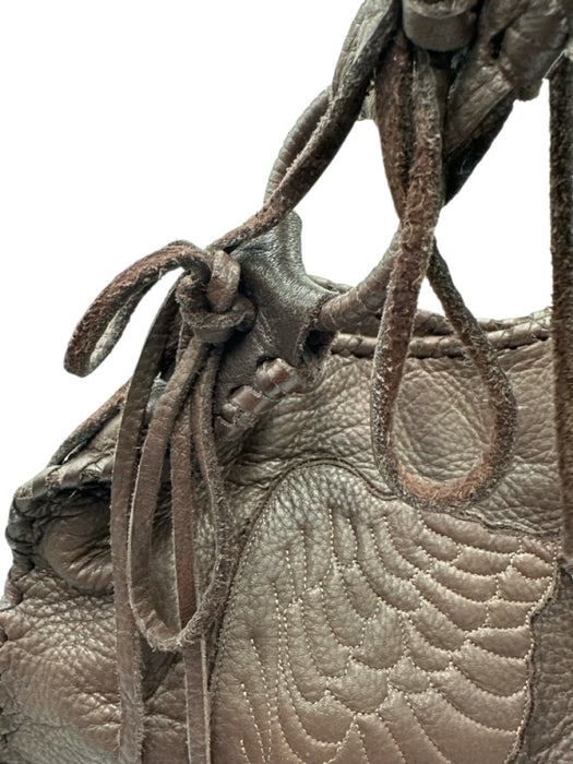 Shelly Litvak Brown Leather whipstitch trim Angel Wings Magnetic Close Tote Bag Brown / Vintage