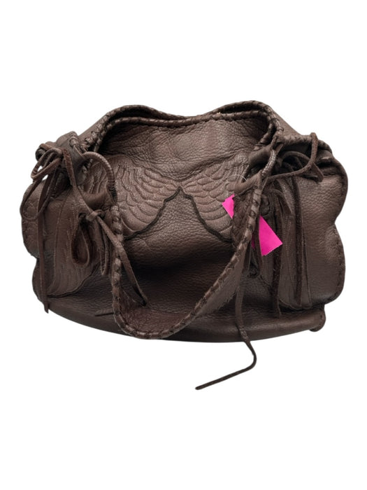 Shelly Litvak Brown Leather whipstitch trim Angel Wings Magnetic Close Tote Bag Brown / Vintage
