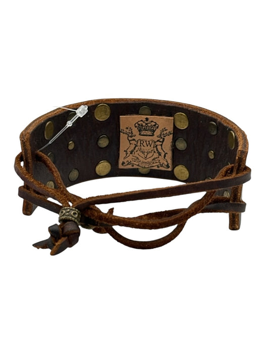 Brown Leather Studded Monogram Logo Cuff Bracelet Brown