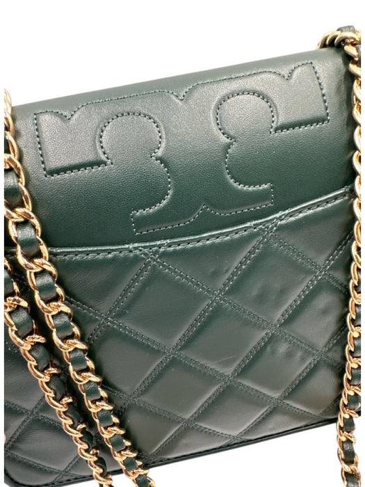 Tory Burch Forest Green Leather Gold Tone Hardware Quilted Flap Shoulder Bag Forest Green