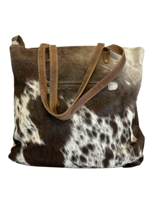 Myra Bag Brown & White Leather Pony Hair Cow Print Zip Top Tote Bag Brown & White