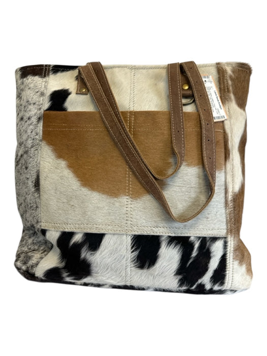 Myra Bag Brown & White Leather Pony Hair Cow Print Zip Top Tote Bag Brown & White
