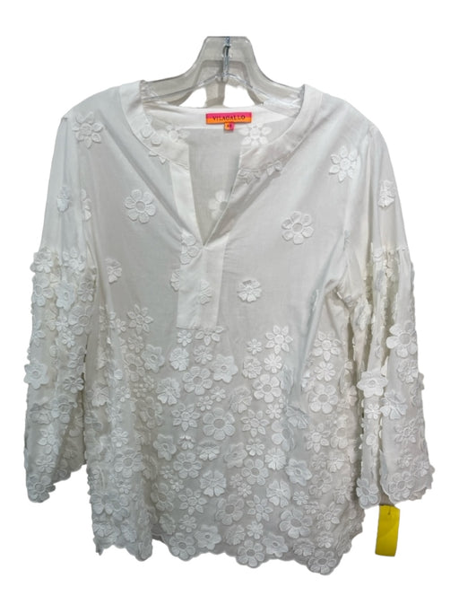 Vilagallo Size 40 White Cotton V Slit Bell Sleeve Scallop Detail Top White / 40