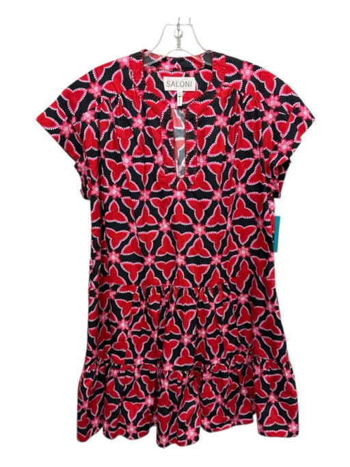 Saloni Size 4 Red, Pink, Black Cotton blanket stitch detail Split V neck Dress Red, Pink, Black / 4