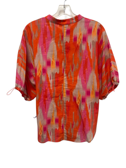 Vilagallo Size 42 Orange, Pink, Beige Short Puff Sleeve Abstract Print Top Orange, Pink, Beige / 42