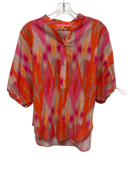 Vilagallo Size 42 Orange, Pink, Beige Short Puff Sleeve Abstract Print Top Orange, Pink, Beige / 42