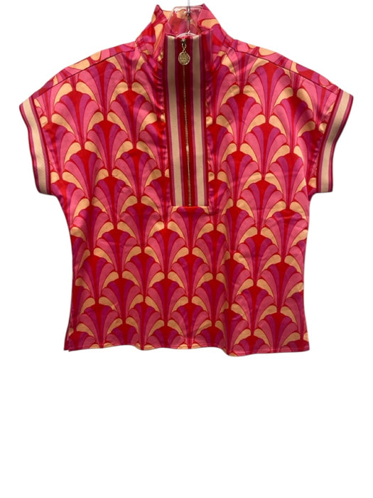 Emily McCarthy Size XS Pink, Red, Cream Tencel Blend Short Sleeve Side Slit Top Pink, Red, Cream / XS
