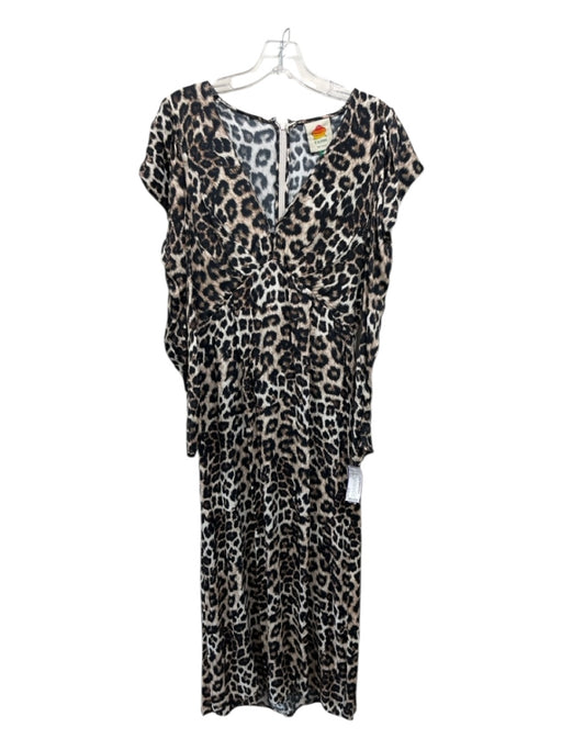 Farm Rio Size Small Black, Tan, Cream Viscose Long Sleeve Leopard Pleated Dress Black, Tan, Cream / Small