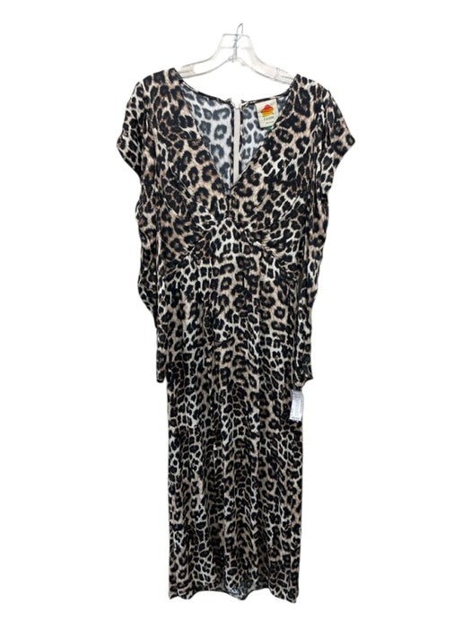 Farm Rio Size Small Black, Tan, Cream Viscose Long Sleeve Leopard Pleated Dress Black, Tan, Cream / Small