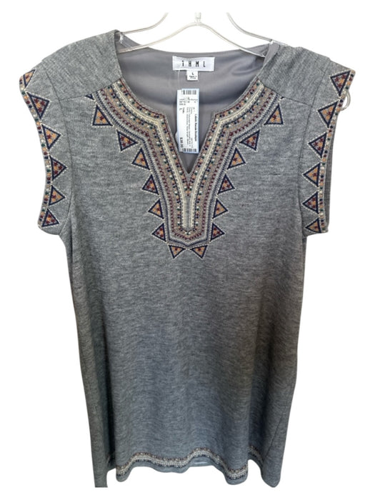 THML Size L Grey Polyester Blend Geometric Knit V Neck Sleeveless Dress Grey / L