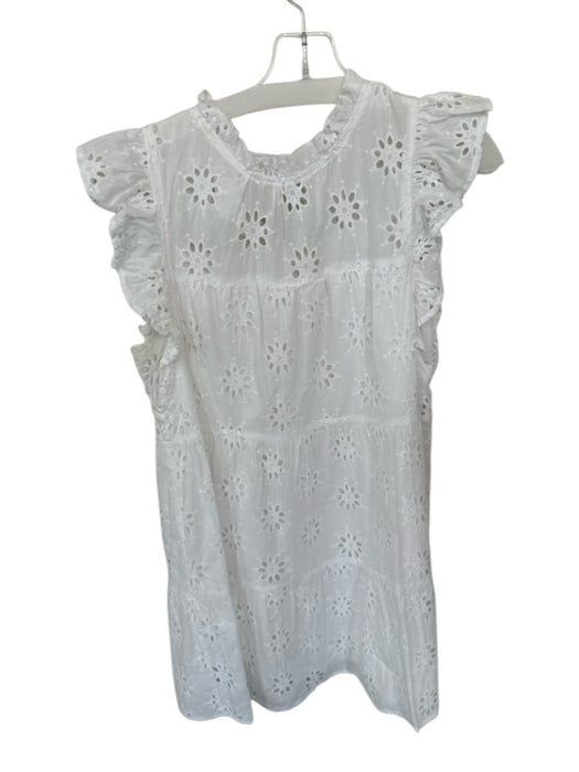 Entro Size L White Cotton Eyelet High Neck Flutter Cap Sleeve Mini Dress White / L