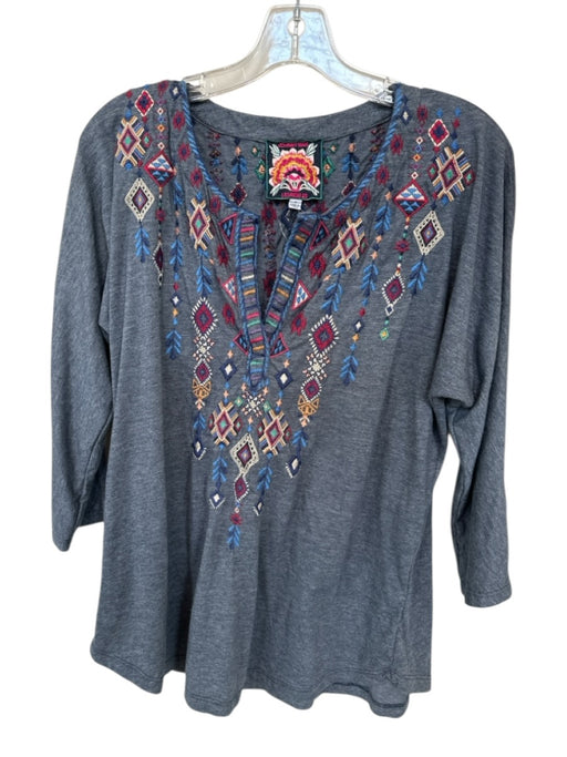 Johnny Was Size S Blue & Red Cotton Long Sleeve Embroidered Split Neck Top Blue & Red / S