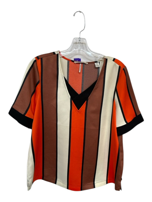 Scotch & Soda Size M Orange & Brown Polyester Short Sleeve Striped V Neck Top Orange & Brown / M