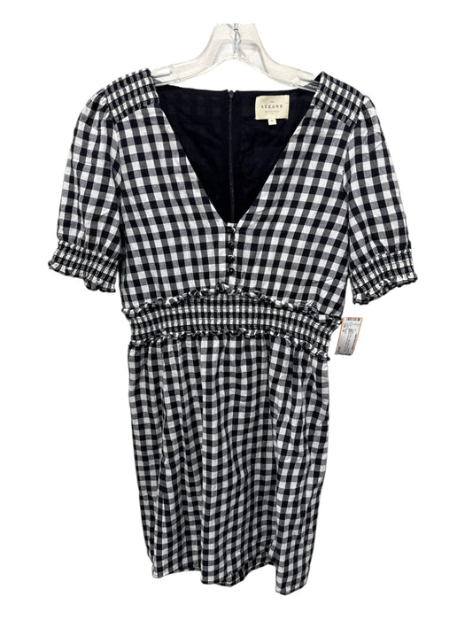 Sezane Size 36 Black & White Cotton Short Puff Sleeve Gingham V Neck Dress Black & White / 36