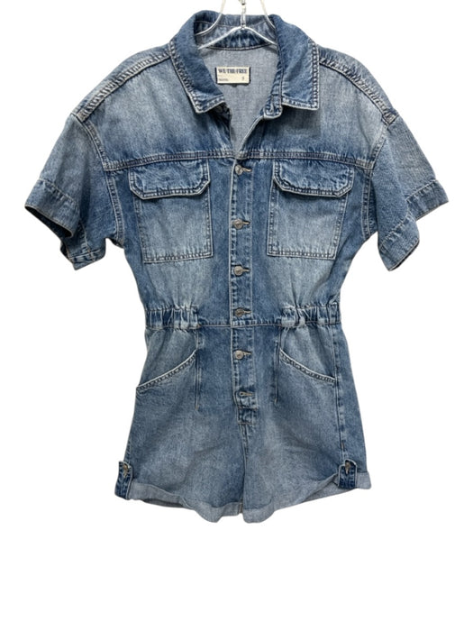 We The Free Size S Med Wash Cotton Denim Faded Elastic Waist pocket Romper Med Wash / S