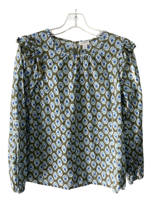 J Crew Size XS Green & Blue Print Cotton Ruffle Floral Top Green & Blue Print / XS