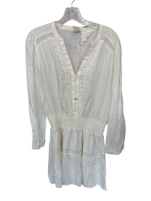 120% Lino Size L White Linen Long Sleeve Mini Button Embroidered Dress White / L