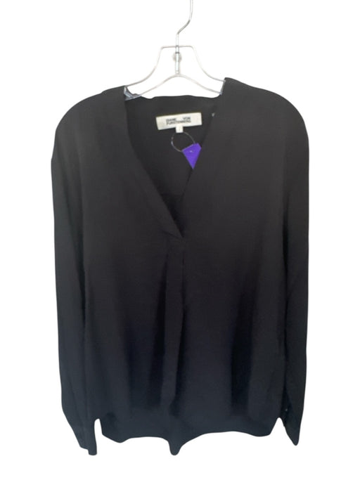 Diane Von Furstenberg Size L Black Silk Long Sleeve V Neck High-Low Top Black / L