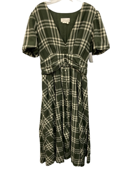 Anthropologie Size M Green & Cream Cotton Gathered Waistband Plaid Maxi Dress Green & Cream / M