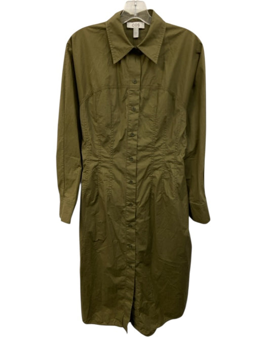 COS Size 6 Olive Green Cotton Blend pintuck waist Button Down Midi Dress Olive Green / 6