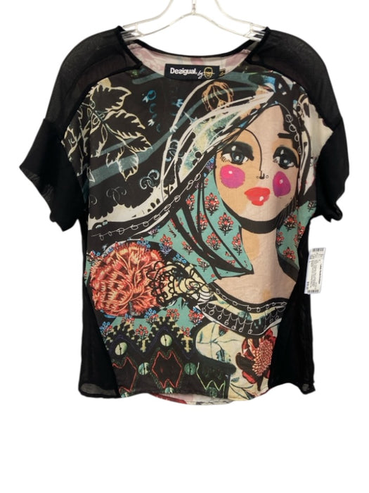 Desigual Size L Black, Turquoise, Red portrait graphic Sheer Panel Top Black, Turquoise, Red / L