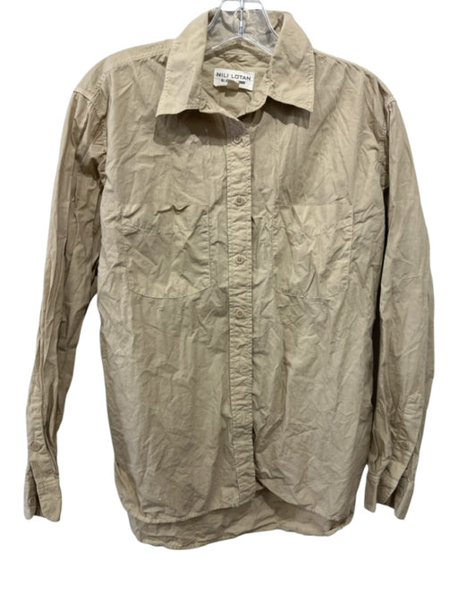 Nili Lotan Size S Khaki Beige Cotton Long Sleeve Button Up Collared Shirt Top Khaki Beige / S