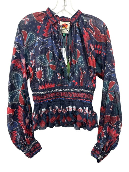 Farm Rio Size XS Navy Blue & Red Cotton Beaded Print Long Balloon Sleeve Top Navy Blue & Red / XS